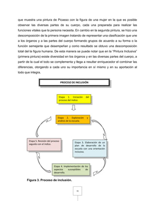 38
que muestra una pintura de Picasso con la figura de una mujer en la que es posible
observar las diversas partes de su cuerpo, cada una preparada para realizar las
funciones vitales que la persona necesita. En cambio en la segunda pintura, se hizo una
descomposición de la primera imagen tratando de representar una clasificación que une
a los órganos y a las partes del cuerpo formando grupos de acuerdo a su forma o la
función semejante que desempeñan y como resultado se obtuvo una descomposición
total del la figura humana. De esta manera se puede notar que en la “Pintura Inclusiva”
(primera pintura) existe diversidad en los órganos y en las diversas partes del cuerpo, a
partir de la cual el todo se complementa y llega a resultar enriquecedor el combinar las
diferencias, otorgando a cada uno su importancia en sí mismo y en su aportación al
todo que integra.
Figura 3. Proceso de inclusión.
Etapa 2. Exploración y
análisis de la escuela.
Etapa 3. Elaboración de un
plan de desarrollo de la
escuela con una orientación
inclusiva.
Etapa 4. Implementación de los
aspectos susceptibles de
desarrollo.
Etapa 5. Revisión del proceso
seguido con el índice.
Etapa 1. Iniciación del
proceso del índice.
PROCESO DE INCLUSIÓN
 