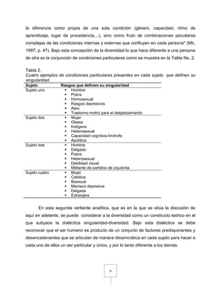 56
la diferencia como propia de una sola condición (género, capacidad, ritmo de
aprendizaje, lugar de procedencia,...), sino como fruto de combinaciones peculiares
complejas de las condiciones internas y externas que confluyen en cada persona" (Mir,
1997; p. 47). Bajo esta concepción de la diversidad lo que hace diferente a una persona
de otra es la conjunción de condiciones particulares como se muestra en la Tabla No. 2.
Tabla 2.
Cuatro ejemplos de condiciones particulares presentes en cada sujeto que definen su
singularidad.
Sujeto Rasgos que definen su singularidad
Sujeto uno  Hombre
 Pobre
 Homosexual
 Rasgos depresivos
 Ateo
 Trastorno motriz para el desplazamiento
Sujeto dos  Mujer
 Obesa
 Indígena
 Heterosexual
 Capacidad cognitiva limítrofe
 Apolítica
Sujeto tres  Hombre
 Delgado
 Pobre
 Heterosexual
 Debilidad visual
 Militante de partidos de izquierda
Sujeto cuatro  Mujer
 Católica
 Bisexual
 Maniaco depresiva
 Delgada
 Extranjera
En esta segunda vertiente analítica, que es en la que se sitúa la discusión de
aquí en adelante, se puede considerar a la diversidad como un constructo teórico en el
que subyace la dialéctica singularidad-diversidad. Bajo esta dialéctica se debe
reconocer que el ser humano es producto de un conjunto de factores predisponentes y
desencadenantes que se articulan de manera idiosincrática en cada sujeto para hacer a
cada uno de ellos un ser particular y único, y por lo tanto diferente a los demás.
 