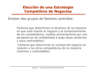 IN3301 – EVALUACIÓN DE PROYECTOS
Existen dos grupos de factores centrales:
− Factores que determinan el atractivo de la industria
en que está inserto el negocio y el comportamiento
de los competidores, medido primariamente por sus
perspectivas de rentabilidad a largo plazo (externos
y poco controlables)
− Factores que determinan la ventaja del negocio en
relación a los otros competidores de la industria
(internos y controlables).
Elecci
Elecció
ón de una Estrategia
n de una Estrategia
Competitiva de Negocios
Competitiva de Negocios
 