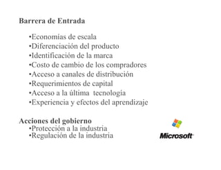 Barrera de Entrada
•Economías de escala
•Diferenciación del producto
•Identificación de la marca
•Costo de cambio de los compradores
•Acceso a canales de distribución
•Requerimientos de capital
•Acceso a la última tecnología
•Experiencia y efectos del aprendizaje
Acciones del gobierno
•Protección a la industria
•Regulación de la industria
 