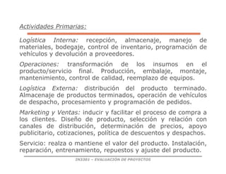 IN3301 – EVALUACIÓN DE PROYECTOS
Actividades Primarias:
Logística Interna: recepción, almacenaje, manejo de
materiales, bodegaje, control de inventario, programación de
vehículos y devolución a proveedores.
Operaciones: transformación de los insumos en el
producto/servicio final. Producción, embalaje, montaje,
mantenimiento, control de calidad, reemplazo de equipos.
Logística Externa: distribución del producto terminado.
Almacenaje de productos terminados, operación de vehículos
de despacho, procesamiento y programación de pedidos.
Marketing y Ventas: inducir y facilitar el proceso de compra a
los clientes. Diseño de producto, selección y relación con
canales de distribución, determinación de precios, apoyo
publicitario, cotizaciones, política de descuentos y despachos.
Servicio: realza o mantiene el valor del producto. Instalación,
reparación, entrenamiento, repuestos y ajuste del producto.
 