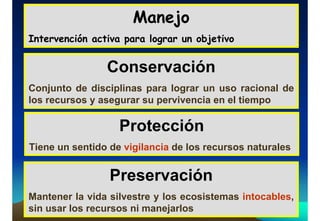 Manejo
Intervención activa para lograr un objetivo
Conservación
Conjunto de disciplinas para lograr un uso racional de
los recursos y asegurar su pervivencia en el tiempo
Protección
Tiene un sentido de vigilancia de los recursos naturales
Preservación
Mantener la vida silvestre y los ecosistemas intocables,
sin usar los recursos ni manejarlos
 