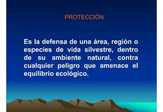 PROTECCIÓNPROTECCIÓN
Es la defensa de una área, región o
especies de vida silvestre, dentro
de su ambiente natural, contra
cualquier peligro que amenace el
equilibrio ecológico.
 