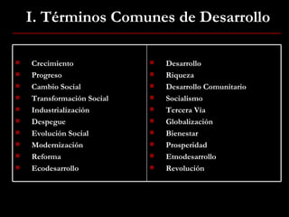 I. Términos Comunes de Desarrollo Crecimiento Progreso Cambio Social Transformación Social Industrialización Despegue Evolución Social Modernización Reforma Ecodesarrollo Desarrollo Riqueza Desarrollo Comunitario Socialismo Tercera Vía Globalización Bienestar Prosperidad Etnodesarrollo Revolución 