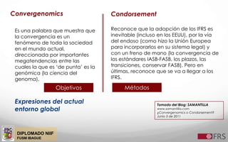 DIPLOMADO NIIF
FUSM IBAGUE
Convergenomics
Es una palabra que muestra que
la convergencia es un
fenómeno de toda la sociedad
en el mundo actual,
direccionada por importantes
megatendencias entre las
cuales la que es ‘de punta’ es la
genómica (la ciencia del
genoma).
Reconoce que la adopción de los IFRS es
inevitable (incluso en los EEUU), por la vía
del endoso (como hizo la Unión Europea
para incorporarlos en su sistema legal) y
con un freno de mano (la convergencia de
los estándares IASB-FASB, los plazos, las
transiciones, conservar FASB). Pero en
últimas, reconoce que se va a llegar a los
IFRS.
Condorsement
Objetivos Métodos
Tomado del Blog: SAMANTILLA
www.samantilla.com
¿Convergenomics o Condorsement?
Junio 3 de 2011
Expresiones del actual
entorno global
 