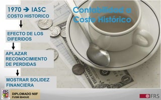 DIPLOMADO NIIF
FUSM IBAGUE
Contabilidad a
Costo Histórico
1970  IASC
COSTO HISTORICO
EFECTO DE LOS
DIFERIDOS
APLAZAR
RECONOCIMIENTO
DE PERDIDAS
MOSTRAR SOLIDEZ
FINANCIERA
 