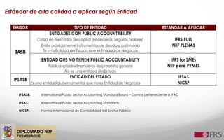 DIPLOMADO NIIF
FUSM IBAGUE
Estándar de alta calidad a aplicar según Entidad
IPSASB: International Public Sector Accounting Standard Board – Comité perteneciente a IFAC
IPSAS: International Public Sector Accounting Standards
NICSP: Norma Internacional de Contabilidad del Sector Público
 