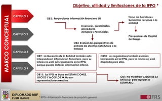 DIPLOMADO NIIF
FUSM IBAGUE
MARCOCONCEPTUAL
CAPITULO 2
CAPITULO 3
CAPITULO 4
CAPITULO 1
Objetivo, utilidad y limitaciones de la IFPG *
* IFPG = Información financiera de propósito general
OB2: Proporcionar información financiera útil
Inversores, prestamistas,
acreedores
Actuales y Potenciales
Toma de Decisiones:
Suministrar recursos a la
entidad
OB3: Evalúan las perspectivas de
entrada de efectivo neta futura a la
Entidad
OB9: La Gerencia de la Entidad también esta
interesada en información financiera, pero su
interés no está principalmente en la IFPG
porque puede obtener información interna.
OB10: Los reguladores también estarían
interesados en la IFPG, pero la misma no está
diseñada para ellos.
OB11: La IFPG se basa en ESTIMACIONES,
JUICIOS Y MODELOS  No son
representaciones exactas.
OB7: No muestran VALOR DE LA
ENTIDAD, pero ayudan a
ESTIMARLO.
Proveedores de Capital
de Riesgo
 