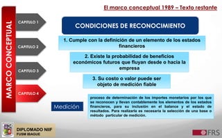 DIPLOMADO NIIF
FUSM IBAGUE
MARCOCONCEPTUAL
CAPITULO 2
CAPITULO 3
CAPITULO 4
CAPITULO 1
El marco conceptual 1989 – Texto restante
CONDICIONES DE RECONOCIMIENTO
2. Existe la probabilidad de beneficios
económicos futuros que fluyan desde o hacia la
empresa
3. Su costo o valor puede ser
objeto de medición fiable
1. Cumple con la definición de un elemento de los estados
financieros
Medición
proceso de determinación de los importes monetarios por los que
se reconocen y llevan contablemente los elementos de los estados
financieros, para su inclusión en el balance y el estado de
resultados. Para realizarla es necesaria la selección de una base o
método particular de medición.
 