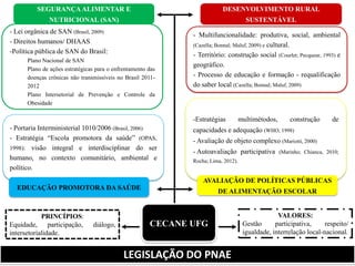 - Multifuncionalidade: produtiva, social, ambiental (Cazella; Bonnal; Maluf, 2009) e cultural. - Território: construção social (Courlet; Pecqueur, 1993) e geográfico. - Processo de educação e formação - requalificação do saber local (Cazella; Bonnal; Maluf, 2009) - Lei orgânica de SAN (Brasil, 2009) - Direitos humanos/ DHAAS 
-Política pública de SAN do Brasil: Plano Nacional de SAN Plano de ações estratégicas para o enfrentamento das doenças crônicas não transmissíveis no Brasil 2011- 2012 Plano Intersetorial de Prevenção e Controle da Obesidade 
SEGURANÇA ALIMENTAR E NUTRICIONAL (SAN) 
- Portaria Interministerial 1010/2006 (Brasil, 2006) 
- Estratégia “Escola promotora da saúde” (OPAS, 1998): visão integral e interdisciplinar do ser humano, no contexto comunitário, ambiental e político. 
LEGISLAÇÃO DO PNAE 
DESENVOLVIMENTO RURAL SUSTENTÁVEL 
EDUCAÇÃO PROMOTORA DA SAÚDE 
CECANE UFG 
VALORES: 
Gestão participativa, respeito/ igualdade, interrelação local-nacional. PRINCÍPIOS: Equidade, participação, diálogo, intersetorialidade. 
-Estratégias multimétodos, construção de capacidades e adequação (WHO, 1998) 
- Avaliação de objeto complexo (Mariotti, 2000) 
- Autoavaliação participativa (Marinho; Chianca, 2010; Rocha; Lima, 2012). AVALIAÇÃO DE POLÍTICAS PÚBLICAS DE ALIMENTAÇÃO ESCOLAR  
