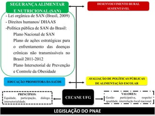 - Lei orgânica de SAN (Brasil, 2009) - Direitos humanos/ DHAAS 
-Política pública de SAN do Brasil: Plano Nacional de SAN Plano de ações estratégicas para o enfrentamento das doenças crônicas não transmissíveis no Brasil 2011-2012 Plano Intersetorial de Prevenção e Controle da Obesidade SEGURANÇA ALIMENTAR E NUTRICIONAL (SAN) LEGISLAÇÃO DO PNAE DESENVOLVIMENTO RURAL SUSTENTÁVEL EDUCAÇÃO PROMOTORA DA SAÚDE CECANE UFG 
VALORES: 
Gestão participativa, respeito/ igualdade, interrelação local-nacional. 
PRINCÍPIOS: 
Equidade, participação, diálogo, intersetorialidade. 
AVALIAÇÃO DE POLÍTICAS PÚBLICAS DE ALIMENTAÇÃO ESCOLAR  