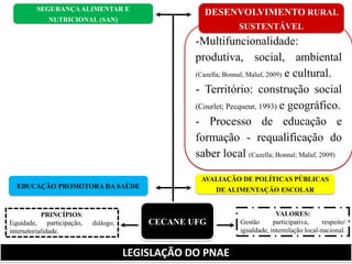 -Multifuncionalidade: produtiva, social, ambiental (Cazella; Bonnal; Maluf, 2009) e cultural. 
- Território: construção social (Courlet; Pecqueur, 1993) e geográfico. 
- Processo de educação e formação - requalificação do saber local (Cazella; Bonnal; Maluf, 2009) 
SEGURANÇA ALIMENTAR E NUTRICIONAL (SAN) 
LEGISLAÇÃO DO PNAE 
DESENVOLVIMENTO RURAL SUSTENTÁVEL EDUCAÇÃO PROMOTORA DA SAÚDE CECANE UFG VALORES: Gestão participativa, respeito/ igualdade, interrelação local-nacional. PRINCÍPIOS: Equidade, participação, diálogo, intersetorialidade. AVALIAÇÃO DE POLÍTICAS PÚBLICAS DE ALIMENTAÇÃO ESCOLAR  