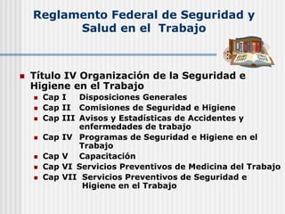Reglamento Federal de Seguridad y
Salud en el Trabajo
 Título IV Organización de la Seguridad e
Higiene en el Trabajo
 Cap I Disposiciones Generales
 Cap II Comisiones de Seguridad e Higiene
 Cap III Avisos y Estadísticas de Accidentes y
enfermedades de trabajo
 Cap IV Programas de Seguridad e Higiene en el
Trabajo
 Cap V Capacitación
 Cap VI Servicios Preventivos de Medicina del Trabajo
 Cap VII Servicios Preventivos de Seguridad e
Higiene en el Trabajo
 