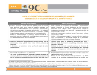 CARTA DE LOS DERECHOS Y DEBERES DE LAS ALUMNAS Y LOS ALUMNOS4
DE LAS ESCUELAS DE EDUCACIÓN BÁSICA EN EL DISTRITO FEDERAL
DERECHOS DE LOS ALUMNOS DEBERES DE LOS ALUMNOS
1. Acudir a la escuela y recibir educación pública gratuita e inclusiva
desde preescolar hasta tercer grado de educación secundaria. Los
estudiantes que enfrentan barreras para el aprendizaje y la participación,
sobresalientes o con alguna discapacidad, tienen derecho a una educación
pública pertinente de acuerdo a sus necesidades, a una efectiva igualdad
de oportunidades de acceso y permanencia en los servicios educativos.
Recibir una formación integral que contribuya al pleno desarrollo de su
persona, de acuerdo a los planes de estudio, programas y orientaciones
que determine la Secretaría de Educación Pública.
1. Asistir –apoyado por sus padres- con puntualidad y regularidad a la
escuela, respetando los horarios establecidos en los Lineamientos
Generales5. Acudir y llegar a tiempo a todas las clases. Cumplir con
las disposiciones escolares sobre la entrada y salida del aula y de las
instalaciones de la escuela.
Justificar las inasistencias y retardos en tiempo y forma ante el profesor,
apoyado por sus padres.
Estudiar y esforzarse para conseguir el máximo rendimiento académico
según sus capacidades, y el desarrollo integral de su personalidad,
involucrándose plenamente en las actividades educativas.
2. Estar en un ambiente de aprendizaje sano, seguro y tolerante, libre de
discriminación, acoso, bullying6, malos tratos, violencia, adicciones y
sectarismo.
A denunciar y ser atendido si siente que ha sido objeto de estos
comportamientos.
2. Contribuir a que impere un ambiente de aprendizaje sano, seguro y
tolerante, libre de discriminación, acoso, bullying, malos tratos, violencia,
adicciones y sectarismo.
Colaborar en la prevención y atención oportuna de situaciones de
conflicto o maltrato de cualquiera de los integrantes de la comunidad
educativa y participar en el esclarecimiento de hechos cuando se le
requiera.
3. Ser respetado en sus derechos y sus pertenencias.
Ser tratado con amabilidad y con respeto a su dignidad por parte de
autoridades, directivos, maestros, demás personal de la escuela así como
por sus compañeros, independientemente de su edad, raza, credo, color,
3. Respetar a todas las personas que integran la comunidad escolar en su
dignidad, sus derechos y sus pertenencias.
Brindar un trato amable, honesto, cortés y respetuoso a los demás
miembros de la comunidad, independientemente de su edad, raza,
4 En adelante, para agilizar la lectura del texto, cuando se utilice el género masculino (alumnos, profesores, directivos, supervisores, padres, director, supervisor, inspector, jefe, etc.) nos referiremos al
género neutro, es decir, a alumnas y alumnos, padres y madres, etc.
5 Lineamientos Generales para la Organización y Funcionamiento de los Servicios de Educación Inicial, Básica; Especial y para Adultos en el Distrito Federal. Ciclo Escolar correspondiente.
6 El bullying o acoso escolar es el maltrato físico, verbal, psicológico y/o social, deliberado y recurrente que recibe un niño (agredido) por parte de otro u otros niños (agresor), que se comportan con él
cruelmente con el objetivo de someterlo y asustarlo, y que se caracteriza por la intencionalidad y reiteración en el tiempo.
5
 