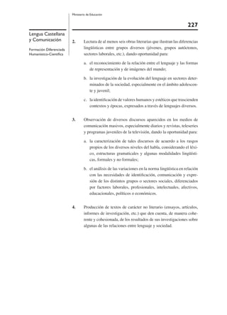 227
Ministerio de Educación
Lengua Castellana
y Comunicación
Formación Diferenciada
Humanístico-Cientíﬁca
2. Lectura de al menos seis obras literarias que ilustran las diferencias
lingüísticas entre grupos diversos (jóvenes, grupos autóctonos,
sectores laborales, etc.), dando oportunidad para:
a. el reconocimiento de la relación entre el lenguaje y las formas
de representación y de imágenes del mundo;
b. la investigación de la evolución del lenguaje en sectores deter-
minados de la sociedad, especialmente en el ámbito adolescen-
te y juvenil;
c. la identiﬁcación de valores humanos y estéticos que trascienden
contextos y épocas, expresados a través de lenguajes diversos.
3. Observación de diversos discursos aparecidos en los medios de
comunicación masivos, especialmente diarios y revistas, teleseries
y programas juveniles de la televisión, dando la oportunidad para:
a. la caracterización de tales discursos de acuerdo a los rasgos
propios de los diversos niveles del habla, considerando el léxi-
co, estructuras gramaticales y algunas modalidades lingüísti-
cas, formales y no formales;
b. el análisis de las variaciones en la norma lingüística en relación
con las necesidades de identiﬁcación, comunicación y expre-
sión de los distintos grupos o sectores sociales, diferenciados
por factores laborales, profesionales, intelectuales, afectivos,
educacionales, políticos o económicos.
4. Producción de textos de carácter no literario (ensayos, artículos,
informes de investigación, etc.) que den cuenta, de manera cohe-
rente y cohesionada, de los resultados de sus investigaciones sobre
algunas de las relaciones entre lenguaje y sociedad.
 