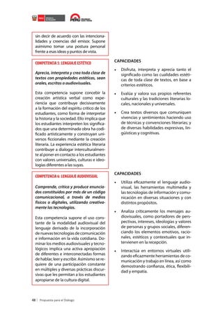 sin decir de acuerdo con las intencionalidades y creencias del emisor. Supone
asimismo tomar una postura personal
frente a esas ideas y puntos de vista.

COMPETENCIA 5: LENGUAJE ESTÉTICO

CAPACIDADES

Aprecia, interpreta y crea toda clase de
textos con propiedades estéticas, sean
orales, escritos o audiovisuales.

•	 Disfruta, interpreta y aprecia tanto el
significado como las cualidades estéticas de toda clase de textos, en base a
criterios estéticos.

Esta competencia supone concebir la
creación artística verbal como experiencia que contribuye decisivamente
a la formación del espíritu crítico de los
estudiantes, como forma de interpretar
la historia y la sociedad. Ello implica que
los estudiantes interpreten los significados que una determinada obra ha codificado artísticamente y construyan universos ficcionales mediante la creación
literaria. La experiencia estética literaria
contribuye a dialogar interculturalmente al poner en contacto a los estudiantes
con valores universales, culturas e ideologías diferentes a las suyas.

COMPETENCIA 6: LENGUAJE AUDIOVISUAL
Comprende, critica y produce enunciados constituidos por más de un código
comunicacional, a través de medios
físicos o digitales, utilizando creativamente las tecnologías.
Esta competencia supone el uso constante de la modalidad audiovisual del
lenguaje derivado de la incorporación
de nuevas tecnologías de comunicación
e información en la vida cotidiana. Dominar los medios audiovisuales y tecnológicos implica una activa apropiación
de diferentes e interconectadas formas
de hablar, leer y escribir. Asimismo se requiere de una participación constante
en múltiples y diversas prácticas discursivas que les permitan a los estudiantes
apropiarse de la cultura digital.

48

•	 Evalúa y valora sus propios referentes
culturales y las tradiciones literarias locales, nacionales y universales.
•	 Crea textos diversos que comuniquen
vivencias y sentimientos haciendo uso
de técnicas y convenciones literarias; y
de diversas habilidades expresivas, lingüísticas y cognitivas.

CAPACIDADES

•	 Utiliza eficazmente el lenguaje audiovisual, las herramientas multimedia y
las tecnologías de información y comunicación en diversas situaciones y con
distintos propósitos.
•	 Analiza críticamente los mensajes audiovisuales, como portadores de perspectivas, intereses, ideologías y valores
de personas y grupos sociales, diferenciando los elementos emotivos, racionales, estéticos y contextuales que intervienen en la recepción.
•	 Interactúa en entornos virtuales utilizando eficazmente herramientas de comunicación y trabajo en línea, así como
demostrando confianza, ética, flexibilidad y empatía.

 