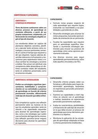 COMPETENCIAS Y CAPACIDADES
COMPETENCIA 1:
ESTRATEGIAS DE APRENDIZAJE
Toma decisiones autónomas sobre sus
diversos procesos de aprendizaje en
contextos diferentes, a partir de sus
propias evaluaciones, empleando y diferenciando las estrategias elegidas según el tipo de situación.
Los estudiantes deben ser capaces de
plantearse objetivos concretos, planificar y ejecutar tanto acciones como estrategias y recursos pertinentes, tomando en cuenta el tiempo que requieren y
del que disponen. Supone además desarrollar tolerancia a la frustración y mecanismos para replantearse metas e incluso cambiar las estrategias y acciones
a realizar. Para actuar con plenitud, esta
competencia debe desarrollarse en distintos contextos vitales del estudiante,
tanto en ambientes presenciales como
en entornos virtuales.

COMPETENCIA 2: AUTOEVALUACIÓN
Evalúa sus estrategias cognitivas (pensamientos, habilidades) y comportamientos en sus actividades y procesos
de aprendizaje, en función de criterios
previamente asumidos, diferenciando
cada tipo de situación que deba enfrentar.
Esta competencia supone una reflexión
permanente sobre las maneras en las
que los estudiantes aprenden, tanto en
relación a las capacidades requeridas
para alcanzar los aprendizajes esperados, como a las estrategias que suelen
usar en función del logro de los mismos.
Esta reflexión permitirá tomar mejores
decisiones para alcanzar los aprendizajes esperados.

CAPACIDADES

•	 Formula metas propias respecto de
cada aprendizaje que requiere lograr,
evaluando sus necesidades y sus posibilidades y persistiendo en ellas.
•	 Desarrolla estrategias para alcanzar las
metas propuestas, buscando oportunidades de orientación de ser pertinente.
•	 Focaliza las capacidades que requiere
para un aprendizaje específico, diseñando o asumiendo estrategias pertinentes para encarar sus procesos de
aprendizaje, entre varias opciones previamente evaluadas.
•	 Usa diversos recursos para seguir
aprendiendo permanentemente, sobre
todo aquellos vinculados a las TICs.

CAPACIDADES

•	 Desarrolla criterios propios sobre sus
fortalezas y dificultades para lograr determinados aprendizajes, basándose
en experiencias personales previamente evaluadas.
•	 Examina sus capacidades a nivel cognitivo en relación con el aprendizaje
a realizar, basándose en experiencias
personales previamente evaluadas.
•	 Evalúa las características, posibilidades
y limitaciones de cada tipo de situación
en la que deba encarar un proceso de
aprendizaje para tomar decisiones pertinentes a su objetivo.
•	 Monitorea la aplicación de las estrategias de aprendizaje adoptadas en base
a criterios previamente establecidos.

67

 