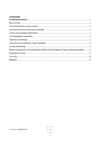 Prof. Wilfredo PALOMINO NOA 10
Contenido
Consideraciones previas:.................................................................................................................................... 1
Marco Curricular................................................................................................................................................... 3
¿Por qué es necesario un marco curricular?............................................................................................................. 3
Las funciones del marco curricular son las siguientes: ............................................................................................... 3
¿Qué son los aprendizajes fundamentales? ............................................................................................................. 3
Los 8 Aprendizajes Fundamentales......................................................................................................................... 4
Estándares de Aprendizaje .................................................................................................................................... 5
¿Para qué sirven los estándares o mapas de progreso?............................................................................................. 6
Las rutas de aprendizaje........................................................................................................................................ 6
Revisión conceptual previa a la implementación del Marco Curricular, Mapas de Progreso y Rutas de Aprendizaje. ........... 8
Programación Curricular........................................................................................................................................ 9
Contenido........................................................................................................................................................ 10
Bibliografía ........................................................................................................................................................ 11
 
