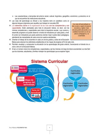 Prof. Wilfredo PALOMINO NOA 7
Las rutas del aprendizaje no
dan recetas a seguir de manera
mecánica y rígida. Cada
docente podrá adecuarlas a su
realidad, haciendo uso de sus
saberes pedagógicos y su
creatividad.
Las características y demandas del entorno social, cultural, lingüístico, geográfico, económico y productivo en el
que se encuentran las instituciones educativas.
Las rutas del aprendizaje se ofrecen a los maestros tanto en castellano como en
algunas lenguas originarias para aquellos que trabajan en escuelas EIB.
Los elementos claves en la organización de las rutas son las competencias y sus
capacidades. Están planteadas para toda la educación básica, es decir, son las
mismas competencias y capacidades para toda la trayectoria escolar, cuyo avance y
desarrollo progresivo se puede observar a través de indicadores por cada grado y nivel.
Al contar con indicadores por grado podremos orientar mejor nuestra labor pedagógica,
atendiendo las necesidades de cada uno/a de nuestros estudiantes.
Orientan el trabajo de los docentes en cada uno de los grados y ciclos de la Educación
Básica para alcanzar los estándares establecidos en los mapas de progreso al fin de cada ciclo.
Permiten visualizar y comprender la articulación de los aprendizajes del grado anterior, favoreciendo el tránsito de un
ciclo a otro en la Educación Básica.
Al ser un número menor de competencias y capacidades y ser las mismas a lo largo de toda la escolaridad, es más fácil
que los docentes, estudiantes y familias manejen los aprendizajes que se esperan lograr.
 