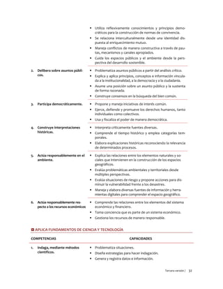 Tercera versión / 32
 Utiliza reflexivamente conocimientos y principios demo-
cráticos para la construcción de normas de convivencia.
 Se relaciona interculturalmente desde una identidad dis-
puesta al enriquecimiento mutuo.
 Maneja conflictos de manera constructiva a través de pau-
tas, mecanismos y canales apropiados.
 Cuida los espacios públicos y el ambiente desde la pers-
pectiva del desarrollo sostenible.
2. Delibera sobre asuntos públi-
cos.
 Problematiza asuntos públicos a partir del análisis crítico.
 Explica y aplica principios, conceptos e información vincula-
da a la institucionalidad, a la democracia y a la ciudadanía.
 Asume una posición sobre un asunto público y la sustenta
de forma razonada.
 Construye consensos en la búsqueda del bien común.
3. Participa democráticamente.  Propone y maneja iniciativas de interés común.
 Ejerce, defiende y promueve los derechos humanos, tanto
individuales como colectivos.
 Usa y fiscaliza el poder de manera democrática.
4. Construye interpretaciones
históricas.
 Interpreta críticamente fuentes diversas.
 Comprende el tiempo histórico y emplea categorías tem-
porales.
 Elabora explicaciones históricas reconociendo la relevancia
de determinados procesos.
5. Actúa responsablemente en el
ambiente.
 Explica las relaciones entre los elementos naturales y so-
ciales que intervienen en la construcción de los espacios
geográficos.
 Evalúa problemáticas ambientales y territoriales desde
múltiples perspectivas.
 Evalúa situaciones de riesgo y propone acciones para dis-
minuir la vulnerabilidad frente a los desastres.
 Maneja y elabora diversas fuentes de información y herra-
mientas digitales para comprender el espacio geográfico.
6. Actúa responsablemente res-
pecto a los recursos económicos
 Comprende las relaciones entre los elementos del sistema
económico y financiero.
 Toma conciencia que es parte de un sistema económico.
 Gestiona los recursos de manera responsable.
 APLICA FUNDAMENTOS DE CIENCIA Y TECNOLOGÍA
COMPETENCIAS CAPACIDADES
1. Indaga, mediante métodos
científicos.
 Problematiza situaciones.
 Diseña estrategias para hacer indagación.
 Genera y registra datos e información.
 