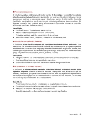 Tercera versión / 38
 PRODUCE TEXTOS ESCRITOS.
El estudiante produce autónomamente textos escritos de diverso tipo y complejidad en variadas
situaciones comunicativas. Eso supone que escribe con un propósito determinado y de manera
autónoma, a partir de su experiencia previa y de diversas fuentes de información. Desarrolla
habilidades metalingüísticas que le permiten ser consciente del uso de las convenciones del
lenguaje necesarias para producir textos adecuadamente (gramática, coherencia, cohesión,
adecuación, uso de vocabulario, etcétera).
Capacidades
▪ Planifica la producción de diversos textos escritos.
▪ Adecúa sus textos escritos a la situación comunicativa.
▪ Textualiza sus ideas, según las convenciones de la escritura.
▪ Reflexiona sobre la forma, contenido y contexto de sus textos escritos.
 INTERACTÚA CON EXPRESIONES LITERARIAS.
El estudiante interactúa reflexivamente con expresiones literarias de diversas tradiciones. Esta
interacción con manifestaciones literarias ubicadas en distintas épocas y lugares le permite
experimentar el uso estético del lenguaje y la recreación de mundos imaginados. Además, ello
contribuye a la construcción de las identidades y del diálogo intercultural. De esta manera des-
pliega sus potencialidades creativas, críticas, estéticas y lúdicas.
Capacidades
▪ Interpreta la forma y el contenido de textos literarios en relación con diversos contextos.
▪ Crea textos literarios según sus necesidades expresivas.
▪ Se vincula con diversas tradiciones literarias a través del diálogo intercultural.
 SE DESENVUELVE EN ENTORNOS VIRTUALES.
El estudiante se desenvuelve con autonomía en entornos virtuales de diversas culturas y con
diferentes propósitos. Además de explorar entornos y navegar en ellos, es necesario que los
analice y comprenda, que perfeccione su interacción con otros y que produzca objetos virtua-
les cada vez más complejos. De esa manera decide su actuación en tales entornos y la articula a
los intereses y responsabilidades de su vida cotidiana.
Capacidades
▪ Personaliza entornos virtuales variados para un propósito determinado.
▪ Transforma información del entorno virtual para integrarla en su proceso de comunicación.
▪ Interactúa en entornos virtuales para construir vínculos.
▪ Crea objetos virtuales en diversos formatos para transmitir significados.
 