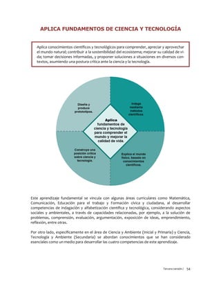 Tercera versión / 54
APLICA FUNDAMENTOS DE CIENCIA Y TECNOLOGÍA
Aplica conocimientos científicos y tecnológicos para comprender, apreciar y aprovechar
el mundo natural; contribuir a la sostenibilidad del ecosistema; mejorar su calidad de vi-
da; tomar decisiones informadas, y proponer soluciones a situaciones en diversos con-
textos, asumiendo una postura crítica ante la ciencia y la tecnología.
Este aprendizaje fundamental se vincula con algunas áreas curriculares como Matemática,
Comunicación, Educación para el trabajo y Formación cívica y ciudadana, al desarrollar
competencias de indagación y alfabetización científica y tecnológica, considerando aspectos
sociales y ambientales, a través de capacidades relacionadas, por ejemplo, a la solución de
problemas, comprensión, evaluación, argumentación, exposición de ideas, emprendimiento,
reflexión, entre otras.
Por otro lado, específicamente en el área de Ciencia y Ambiente (Inicial y Primaria) y Ciencia,
Tecnología y Ambiente (Secundaria) se abordan conocimientos que se han considerado
esenciales como un medio para desarrollar las cuatro competencias de este aprendizaje.
 