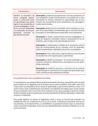 Tercera versión / 95
Competencia 2 Desempeños
Planifica la enseñanza de
forma colegiada garanti-
zando la coherencia entre
los aprendizajes que quiere
lograr en sus estudiantes, el
proceso pedagógico, el uso
de los recursos disponibles
y la evaluación, en una pro-
gramación curricular en
permanente revisión.
Desempeño 4. Elabora la programación curricular analizando con
sus compañeros el plan más pertinente a la realidad de su aula,
articulando de manera coherente los aprendizajes que se pro-
mueven, las características de los estudiantes y las estrategias y
medios seleccionados.
Desempeño 5.Selecciona los contenidos de la enseñanza, en fun-
ción de los aprendizajes fundamentales que el currículo nacional,
la escuela y la comunidad buscan desarrollar en los estudiantes.
Desempeño 6. Diseña creativamente procesos pedagógicos ca-
paces de despertar curiosidad, interés y compromiso en los es-
tudiantes, para el logro de los aprendizajes previstos.
Desempeño 7. Contextualiza el diseño de la enseñanza sobre la
base del reconocimiento de los intereses, nivel de desarrollo,
estilos de aprendizaje e identidad cultural de sus estudiantes.
Desempeño 8. Crea, selecciona y organiza diversos recursos para
los estudiantes como soporte para su aprendizaje.
Desempeño 9. Diseña la evaluación de manera sistemática, per-
manente, formativa y diferencial en concordancia con los apren-
dizajes esperados.
Desempeño 10. Diseña la secuencia y estructura de las sesiones
de aprendizaje en coherencia con los logros de aprendizaje espe-
rados y distribuye adecuadamente el tiempo.
b) La planificación como una hipótesis de trabajo
En la perspectiva que señala el Marco de Buen Desempeño Docente, toda planificación necesita
partir siempre de un diagnóstico de la situación que se quiere modificar, para saber cuán cerca
o lejos están los estudiantes de las metas de aprendizaje y qué factores tenemos a favor y en
contra. Pese a todo, la planificación será siempre una hipótesis de trabajo, pues no hay certeza
de que lo previsto vaya a ocurrir tal como se pensó una vez que se ponga en práctica. Cuando
tenemos señales de que lo planificado no está produciendo los efectos esperados, el plan debe
revisarse y modificarse.
Esto puede significar un retorno al diagnóstico inicial, si acaso no fue del todo acertado o la
realidad del aula fue cambiando en el curso de la acción. Tratándose de personas diversas en
sus aptitudes, sus temperamentos, su sensibilidad o su perspectiva de las cosas, es natural que
surjan situaciones inesperadas. Es por eso que toda planificación necesita ser flexible, no es una
camisa de fuerza.
 
