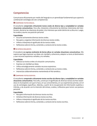 Tercera versión / 37 
Competencias 
Comunicarse eficazmente por medio del lenguaje es un aprendizaje fundamental que supone la combinación estratégica de seis competencias: 
 COMPRENDE TEXTOS ORALES. 
El estudiante comprende críticamente textos orales de diverso tipo y complejidad en variadas situaciones comunicativas. Para ello, interpreta críticamente las distintas intenciones del inter- locutor, discierne las relaciones de poder y los intereses que están detrás de su discurso. Luego, los evalúa y asume una posición personal. 
Capacidades 
▪ Escucha activamente diversos textos orales. 
▪ Recupera y organiza información de diversos textos orales. 
▪ Infiere e interpreta el significado de los textos orales. 
▪ Reflexiona sobre la forma, contenido y contexto de los textos orales. 
 SE EXPRESA ORALMENTE. 
El estudiante se expresa oralmente de forma eficaz en variadas situaciones comunicativas. Ello supone que logra expresar sus ideas con claridad y coherencia, adaptar su texto al destinatario y usar recursos expresivos verbales y no verbales. 
Capacidades 
▪ Adecúa sus textos orales a la situación comunicativa. 
▪ Expresa con claridad sus ideas. 
▪ Utiliza estratégicamente variados recursos expresivos. 
▪ Reflexiona sobre la forma, contenido y contexto de sus textos orales. 
▪ Interactúa colaborativamente manteniendo el hilo temático. 
 COMPRENDE TEXTOS ESCRITOS. 
El estudiante comprende críticamente textos escritos de diverso tipo y complejidad en variadas situaciones comunicativas. Para ello, construye el significado de diversos textos escritos basán- dose en el propósito con que lo hace, en sus conocimientos, en sus experiencias previas y en el uso de estrategias específicas. Además, a partir de la recuperación de información explícita e inferida, y de acuerdo con la intención del emisor, evalúa y reflexiona para tomar una postura personal. 
Capacidades 
▪ Recupera información de diversos textos escritos. 
▪ Sintetiza información de diversos textos escritos. 
▪ Infiere e interpreta el significado de los textos escritos. 
▪ Reflexiona sobre la forma, contenido y contexto de los textos escritos. 
 