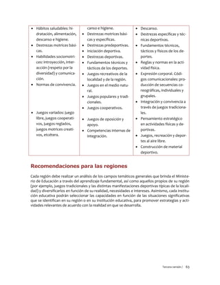 Tercera versión / 63 
 Hábitos saludables: hi- dratación, alimentación, descanso e higiene. 
 Destrezas motrices bási- cas. 
 Habilidades sociomotri- ces: introyección, inter- acción (respeto por la diversidad) y comunica- ción. 
 Normas de convivencia. 
 Juegos variados: juego libre, juegos cooperati- vos, juegos reglados, juegos motrices creati- vos, etcétera. 
canso e higiene. 
 Destrezas motrices bási- cas y específicas. 
 Destrezas predeportivas. 
 Iniciación deportiva. 
 Destrezas deportivas. 
 Fundamentos técnicos y tácticos de los deportes. 
 Juegos recreativos de la localidad y de la región. 
 Juegos en el medio natu- ral. 
 Juegos populares y tradi- cionales. 
 Juegos cooperativos. 
 Juegos de oposición y apoyo. 
 Competencias internas de integración. 
 Descanso. 
 Destrezas específicas y téc- nicas deportivas. 
 Fundamentos técnicos, tácticos y físicos de los de- portes. 
 Reglas y normas en la acti- vidad física. 
 Expresión corporal. Códi- gos comunicacionales: pro- ducción de secuencias co- reográficas, individuales y grupales. 
 Integración y convivencia a través de juegos tradiciona- les. 
 Pensamiento estratégico en actividades físicas y de- portivas. 
 Juegos, recreación y depor- tes al aire libre. 
 Construcción de material deportivo. 
Recomendaciones para las regiones 
Cada región debe realizar un análisis de los campos temáticos generales que brinda el Ministe- rio de Educación a través del aprendizaje fundamental, así como aquellos propios de su región (por ejemplo, juegos tradicionales y las distintas manifestaciones deportivas típicas de la locali- dad) y diversificarlos en función de su realidad, necesidades e intereses. Asimismo, cada institu- ción educativa podrán seleccionar las capacidades en función de las situaciones significativas que se identifican en su región o en su institución educativa, para promover estrategias y acti- vidades relevantes de acuerdo con la realidad en que se desarrolla. 
 