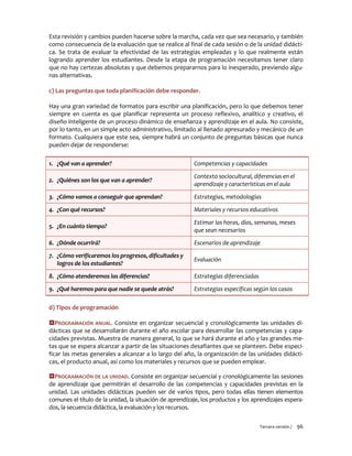 Tercera versión / 96 
Esta revisión y cambios pueden hacerse sobre la marcha, cada vez que sea necesario, y también como consecuencia de la evaluación que se realice al final de cada sesión o de la unidad didácti- ca. Se trata de evaluar la efectividad de las estrategias empleadas y lo que realmente están logrando aprender los estudiantes. Desde la etapa de programación necesitamos tener claro que no hay certezas absolutas y que debemos prepararnos para lo inesperado, previendo algu- nas alternativas. 
c) Las preguntas que toda planificación debe responder. 
Hay una gran variedad de formatos para escribir una planificación, pero lo que debemos tener siempre en cuenta es que planificar representa un proceso reflexivo, analítico y creativo, el diseño inteligente de un proceso dinámico de enseñanza y aprendizaje en el aula. No consiste, por lo tanto, en un simple acto administrativo, limitado al llenado apresurado y mecánico de un formato. Cualquiera que este sea, siempre habrá un conjunto de preguntas básicas que nunca pueden dejar de responderse: 
1. ¿Qué van a aprender? 
Competencias y capacidades 2. ¿Quiénes son los que van a aprender? 
Contexto sociocultural, diferencias en el aprendizaje y características en el aula 3. ¿Cómo vamos a conseguir que aprendan? 
Estrategias, metodologías 4. ¿Con qué recursos? 
Materiales y recursos educativos 5. ¿En cuánto tiempo? 
Estimar las horas, días, semanas, meses que sean necesarios 6. ¿Dónde ocurrirá? 
Escenarios de aprendizaje 7. ¿Cómo verificaremos los progresos, dificultades y logros de los estudiantes? 
Evaluación 8. ¿Cómo atenderemos las diferencias? 
Estrategias diferenciadas 9. ¿Qué haremos para que nadie se quede atrás? 
Estrategias específicas según los casos 
d) Tipos de programación 
PROGRAMACIÓN ANUAL. Consiste en organizar secuencial y cronológicamente las unidades di- dácticas que se desarrollarán durante el año escolar para desarrollar las competencias y capa- cidades previstas. Muestra de manera general, lo que se hará durante el año y las grandes me- tas que se espera alcanzar a partir de las situaciones desafiantes que se planteen. Debe especi- ficar las metas generales a alcanzar a lo largo del año, la organización de las unidades didácti- cas, el producto anual, así como los materiales y recursos que se pueden emplear. 
PROGRAMACIÓN DE LA UNIDAD. Consiste en organizar secuencial y cronológicamente las sesiones de aprendizaje que permitirán el desarrollo de las competencias y capacidades previstas en la unidad. Las unidades didácticas pueden ser de varios tipos, pero todas ellas tienen elementos comunes el título de la unidad, la situación de aprendizaje, los productos y los aprendizajes espera- dos, la secuencia didáctica, la evaluación y los recursos.  