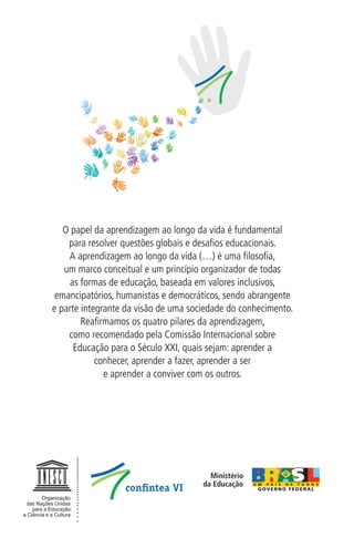 O papel da aprendizagem ao longo da vida é fundamental
    para resolver questões globais e desafios educacionais.
    A aprendizagem ao longo da vida (…) é uma filosofia,
   um marco conceitual e um princípio organizador de todas
     as formas de educação, baseada em valores inclusivos,
 emancipatórios, humanistas e democráticos, sendo abrangente
e parte integrante da visão de uma sociedade do conhecimento.
        Reafirmamos os quatro pilares da aprendizagem,
    como recomendado pela Comissão Internacional sobre
      Educação para o Século XXI, quais sejam: aprender a
            conhecer, aprender a fazer, aprender a ser
              e aprender a conviver com os outros.
 