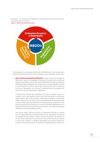 17
Marco de Buen Desempeño del Directivo
En la figura 1, se muestran los componentes y procesos que interactúan dentro del
Sistema de Dirección Escolar:
Figura 1. Sistema de Dirección Escolar.
Para garantizar un acompañamiento acorde a la importancia sustancial que tiene
la función directiva, este sistema está constituido por los siguientes componentes:
•	 Marco de Buen Desempeño del Directivo. Intenta reconocer el complejo rol
del director: ejercer con propiedad el liderazgo y la gestión de la escuela que
dirige; rol que implica asumir nuevas responsabilidades centradas en el logro de
aprendizajesdelosestudiantes.Estecomponenteconstituyelaplataformasobre
la cual interactúan los demás, puesto que brinda insumos para la evaluación
de acceso y desempeño, así como para la implementación de programas de
formación a través de capacidades e indicadores.
	 La práctica ha mostrado que actualmente, los líderes escolares asumen un
conjunto mucho más amplio de labores que hace una década. Los directores
suelen expresar altos niveles de estrés, sobrecarga de trabajo e incertidumbre
debido a que muchas de estas nuevas responsabilidades de liderazgo escolar
no están incluidas, de manera explícita, en sus descripciones de puesto. Por otro
lado, las prácticas de los directores no se están centrando explícitamente en la
mejoradelaenseñanzayelaprendizaje,sinomásbien,enlastareastradicionales
del director o el administrador burocrático.
	 Para que los líderes directivos alcancen un rendimiento eficiente, es esencial
que sus responsabilidades estén bien definidas y las expectativas se enuncien
con claridad. En este sentido, el Marco de Buen Desempeño del Directivo es
un documento referencial en la construcción del sistema de dirección escolar,
en tanto que configura un perfil de desempeño que permite formular las
competencias necesarias para su formación y los indicadores para la evaluación.
 
