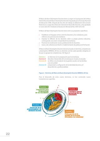 22
El Marco de Buen Desempeño Docente tiene su origen en la propuesta de la Mesa
Interinstitucional de Buen Desempeño Docente impulsada por el Consejo Nacional
de Educación (CNE). Después de dos años de trabajo, la elaboración de la versión
final estuvo a cargo de la Dirección General de Desarrollo Docente, y fue aprobada
en enero del 2012 mediante la Resolución Ministerial Nro. 0547-2012-ED.
El Marco de Buen Desempeño Docente tiene entre sus propósitos específicos:
•	 Establecer un lenguaje común, entre los docentes y los ciudadanos, para 		
		 referirse a los procesos de enseñanza.
•	 Impulsar la reflexión de los docentes sobre su propia práctica educativa,
construyendo una visión compartida de la enseñanza.
•	 Promover la revaloración social y profesional de los docentes.
•	 Guiar y dar coherencia al diseño e implementación de políticas de formación.
ElMarcodeBuenDesempeñoDocenteestáestructuradoendominios,competencias
y desempeños (MINEDU, 2012a). Los dominios son las cuatro grandes categorías en
las que se agrupan las competencias. (Ver figura 2)
Dominio I: 	 se relaciona con la preparación para la enseñanza.
Dominio II: 	 describe el desarrollo de la enseñanza en el aula y la escuela.
Dominio III: 	 se refiere a la articulación de la gestión escolar con las familias		
			 y la comunidad.
Dominio IV:	 comprende la configuración de la identidad docente y el
			 desarrollo de su profesionalidad.
Figura 2.	 Dominios del Marco de Buen Desempeño Docente (MINEDU, 2012a).
Para el desarrollo de estos cuatro dominios, se han construido nueve
competencias sugeridas.
 