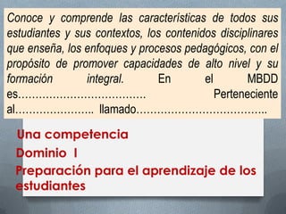 Conoce y comprende las características de todos sus estudiantes y sus contextos, los contenidos disciplinares que enseña, los enfoques y procesos pedagógicos, con el propósito de promover capacidades de alto nivel y su formación integral. En el MBDD es………………………………. Perteneciente al………………….. llamado……………………………….. 
Preparación para el aprendizaje de los estudiantes 
Una competencia 
Dominio I  