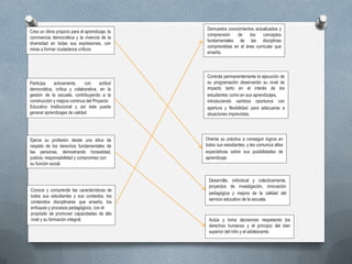 Crea un clima propicio para el aprendizaje, la convivencia democrática y la vivencia de la diversidad en todas sus expresiones, con miras a formar ciudadanos críticos 
Participa activamente, con actitud democrática, crítica y colaborativa, en la gestión de la escuela, contribuyendo a la construcción y mejora continua del Proyecto 
Educativo Institucional y así éste pueda generar aprendizajes de calidad 
Ejerce su profesión desde una ética de respeto de los derechos fundamentales de las personas, demostrando honestidad, justicia, responsabilidad y compromiso con su función social. 
Conoce y comprende las características de todos sus estudiantes y sus contextos, los contenidos disciplinares que enseña, los enfoques y procesos pedagógicos, con el 
propósito de promover capacidades de alto nivel y su formación integral. 
Demuestra conocimientos actualizados y comprensión de los conceptos fundamentales de las disciplinas comprendidas en el área curricular que enseña. 
Orienta su práctica a conseguir logros en todos sus estudiantes, y les comunica altas expectativas sobre sus posibilidades de aprendizaje. 
Controla permanentemente la ejecución de su programación observando su nivel de impacto tanto en el interés de los estudiantes como en sus aprendizajes, 
introduciendo cambios oportunos con apertura y flexibilidad para adecuarse a situaciones imprevistas. 
Desarrolla, individual y colectivamente, proyectos de investigación, innovación pedagógica y mejora de la calidad del servicio educativo de la escuela. 
Actúa y toma decisiones respetando los derechos humanos y el principio del bien superior del niño y el adolescente.  