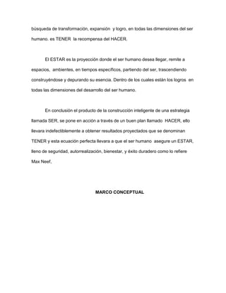 búsqueda de transformación, expansión y logro, en todas las dimensiones del ser

humano. es TENER la recompensa del HACER.



       El ESTAR es la proyección donde el ser humano desea llegar, remite a

espacios, ambientes, en tiempos específicos, partiendo del ser, trascendiendo

construyéndose y depurando su esencia. Dentro de los cuales están los logros en

todas las dimensiones del desarrollo del ser humano.



       En conclusión el producto de la construcción inteligente de una estrategia

llamada SER, se pone en acción a través de un buen plan llamado HACER, ello

llevara indefectiblemente a obtener resultados proyectados que se denominan

TENER y esta ecuación perfecta llevara a que el ser humano asegure un ESTAR,

lleno de seguridad, autorrealización, bienestar, y éxito duradero como lo refiere

Max Neef,




                                 MARCO CONCEPTUAL
 