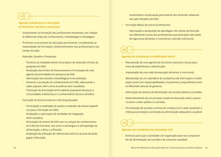 II
44 Marco de Referência de Educação Alimentar e Nutricional para as Políticas Públicas 45
Agenda voltada para a formação
profissional, estudos e pesquisas
»» Investimento na formação dos profissionais envolvidos com relação
às diferentes áreas de conhecimento, metodologias e estratégias;
»» Promover os processos de educação permanente, considerando as
necessidades de formação e desenvolvimento dos profissionais e seu
campo de ação;
»» Extensão, Estudos e Pesquisas:
–– Fomento ao estabelecimento de projetos de extensão e linhas de
pesquisa em EAN;
–– Ampliação das fontes de financiamento e formulação de uma
agenda de prioridades em pesquisa de EAN;
–– Valorização dos estudos metodológicos e de avaliação;
–– Fomento à produção do conhecimento em EAN, valorizando o
saber popular, bem como as práticas bem sucedidas;
–– Promoção da articulação entre saberes populares de povos e
comunidades tradicionais e o conhecimento técnico-científico.
»» Formação do Nutricionista em nível de graduação:
–– Formulação e ampliação do acesso a métodos de ensino específi-
cos para a formação em EAN;
–– Ampliação e valorização de atividades de integração
teórico-prática;
–– Articulação do ensino de EAN com os campos do conhecimento
em ciências humanas, tais como a sociologia e a antropologia da
alimentação, a ética e a filosofia;
–– Ampliação da utilização de referenciais teóricos da área de peda-
gogia e educação;
–– Investimento na educação permanente dos docentes responsá-
veis pela disciplina de EAN.
»» Formação Básica de outros profissionais:
–– Valorização e atualização da abordagem dos temas de Nutrição
nos diferentes cursos dos profissionais que participam das ações
de segurança alimentar e nutricional e atenção nutricional.
Agenda de articulação e mobilização social
»» Manutenção de uma agenda de encontros nacionais e locais para
troca de experiências e interlocução;
»» Implantação de uma rede de educação alimentar e nutricional;
»» Manutenção de um calendário de campanhas de informação e mobili-
zação social com responsabilidades e orçamento compartilhado entre
os diferentes setores de governo;
»» Valorização da semana da alimentação nas escolas públicas e privadas;
»» Desenvolvimento de um processo amplo de discussão sobre a parce-
ria entre o setor público e o privado;
»» Formalização de acordos e termos de conduta com o setor produtivo e
mídia para proteção e promoção da alimentação adequada e saudável.
Agenda com entidades da sociedade civil
»» Estímulo para que a sociedade civil organizada atue nos componen-
tes da alimentação, da nutrição e do consumo saudável;
III
IV
 