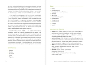 32 Marco de Referência de Educação Alimentar e Nutricional para as Políticas Públicas 33
tais como, Instituições Educacionais (Universidades, Instituições de Educa-
-
nismos Internacionais, Equipamentos Públicos de Alimentação e Nutrição,
Entidades Filantrópicas, Conselhos de políticas públicas e outras instân-
cias de participação e controle social e da Sociedade Civil como um todo.
A EAN deve ser concebida a partir de um referencial metodológico
que preveja um processo de planejamento participativo, monitoramento
e avaliação. Tanto os aspectos metodológicos como instrumentais neces-
sitam ser referenciados em um processo permanente de pesquisa e ges-
tão do conhecimento, bem como aprofundados em processos de forma-
seja preciso incorporar às ações de EAN processos de construção meto-
dológica e de planejamento baseados em referências, tal construção é
Considerando o conceito de EAN e o seu caráter intrinsecamente
intersetorial, muitos são os setores envolvidos com esta agenda. Esta
característica se expressa tanto no âmbito governamental, em todas as
esferas de gestão e em diferentes áreas, como também nas relações esta-
belecidas com organizações da sociedade civil e instituições formadoras.
Inúmeras ações, dirigidas a diferentes públicos, já são realizadas pelos
diferentes setores. No entanto, ainda é necessário que sejam planejadas,
implementadas, monitoradas e avaliadas, a partir de referenciais meto-
dológicos. A diversidade dos campos de prática pode assim ser resumida:
SETOR PÚBLICO
» Federal;
» Estadual;
» Municipal;
» Local;
» Regional.
ÁREAS
» Saúde;
» Assistência Social;
» Segurança Alimentar e Nutricional;
» Educação;
» Agricultura;
» Desenvolvimento Agrário;
» Abastecimento;
» Meio ambiente;
» Esporte e Lazer;
» Trabalho;
» Cultura.
EQUIPAMENTOS PÚBLICOS
» Saúde: pontos da Rede de Atenção à Saúde como Unidades Básicas
de Saúde, que contam com Equipes de Atenção Básica (Saúde da
Família ou tradicional, NASFs), Academias da Saúde, Ambulatórios,
Hospitais, Unidades de vigilância em saúde;
» Assistência Social: CRAS, CREAS, Centros de Convivência, Acolhimen-
to Institucional de Criança e Adolescentes, Acolhimento Institucional
de População de Rua, Plantão Social, Centro Comunitário, Conselho
Tutelar, instituição de longa permanência de Idosos entre outros;
» SAN: restaurantes populares, bancos de alimentos, cozinhas comuni-
tárias, Central de Abastecimento Municipal, feiras , Centros
de Referência em SAN;
» Educação: escolas, creches, universidades,
restaurantes universitários;
» Esporte e Lazer: centros desportivos e de recreação,
áreas de lazer, clubes;
 