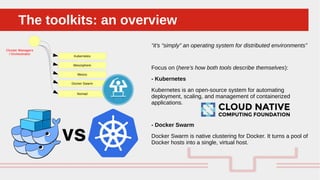 Perché sono cosi forti:The toolkits: an overviewThe toolkits: an overview
Kubernetes
Mesosphere
Mesos
Docker Swarm
Nomad
Cluster Managers
/ Orchestrator
“it’s “simply” an operating system for distributed environments”
Focus on (here’s how both tools describe themselves):
- Kubernetes
Kubernetes is an open-source system for automating
deployment, scaling, and management of containerized
applications.
- Docker Swarm
Docker Swarm is native clustering for Docker. It turns a pool of
Docker hosts into a single, virtual host.
 