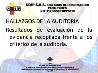 HALLAZGOS DE LA AUDITORIA
Resultados de evaluación de la
evidencia recopilada frente a los
criterios de la auditoria.

 