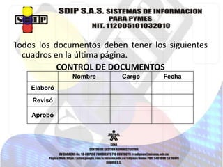 Todos los documentos deben tener los siguientes
cuadros en la última página.
CONTROL DE DOCUMENTOS
Nombre
Elaboró
Revisó
Aprobó

Cargo

Fecha

 