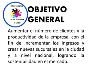 OBJETIVO
GENERAL
Aumentar el número de clientes y la
productividad de la empresa, con el
fin de incrementar los ingresos y
crear nuevas sucursales en la ciudad
y a nivel nacional, logrando la
sostenibilidad en el mercado.
 