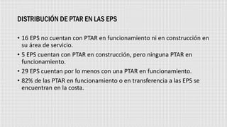 DISTRIBUCIÓN DE PTAR EN LAS EPS
• 16 EPS no cuentan con PTAR en funcionamiento ni en construcción en
su área de servicio.
• 5 EPS cuentan con PTAR en construcción, pero ninguna PTAR en
funcionamiento.
• 29 EPS cuentan por lo menos con una PTAR en funcionamiento.
• 82% de las PTAR en funcionamiento o en transferencia a las EPS se
encuentran en la costa.
 