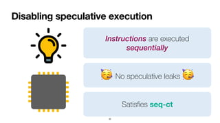 Disabling speculative execution
32
Instructions are executed
sequentially
🥳 No speculative leaks 🥳
Satis
fi
es seq-ct
 