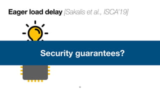 Eager load delay [Sakalis et al., ISCA’19]
33
Delaying loads until all sources of
speculation are resolved
Security guarantees?
 