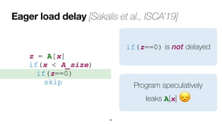 Eager load delay [Sakalis et al., ISCA’19]
35
z = A[x]


if(x < A_size)
 
	
if(z==0)
 
	
	
skip
if(z==0) is not delayed
Program speculatively
 
leaks A[x] 😞
 