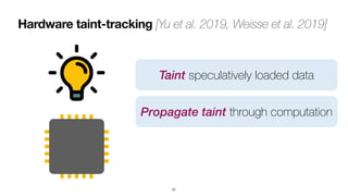 Hardware taint-tracking [Yu et al. 2019, Weisse et al. 2019]
37
Propagate taint through computation
Taint speculatively loaded data
 
