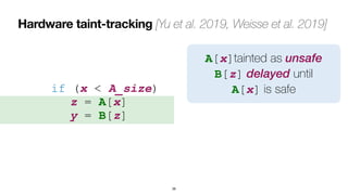 Hardware taint-tracking [Yu et al. 2019, Weisse et al. 2019]
38
if (x < A_size)
 
	
z = A[x]
 
	
y = B[z]
A[x]tainted as unsafe
 
B[z] delayed until
 
A[x] is safe
 