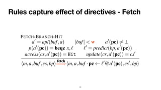 Rules capture effect of directives - Fetch
61
nents
reted
s) 2
ad-
miss
state
that
ocks
ction
edic-
been
ictor
For each directive, i.e., fetch,execute i, and retire, we
sketch below the rules that govern the definition of the
auxiliary relations
fetch
=
=
),
execute i
=
=
=
=
=
), and
retire
=
=
=
).
1) Fetch: Instructions are fetched in-order. Here we present
selected rules modeling instruction fetch:
FETCH-BRANCH-HIT
a0
= apl(buf,a) |buf| < w a0
(pc) 6= ?
p(a0
(pc)) = beqz x,` `0
= predict(bp,a0
(pc))
access(cs,a0
(pc)) = Hit update(cs,a0
(pc)) = cs0
hm,a,buf,cs,bpi
fetch
=
=
)hm,a,buf ·pc `0
@a0
(pc),cs0
,bpi
FETCH-MISS
|buf| < w a0
= apl(buf,a) a0
(pc) 6= ?
access(cs,a0
(pc)) = Miss update(cs,a0
(pc)) = cs0
 