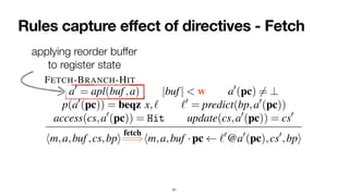 Rules capture effect of directives - Fetch
61
nents
reted
s) 2
ad-
miss
state
that
ocks
ction
edic-
been
ictor
For each directive, i.e., fetch,execute i, and retire, we
sketch below the rules that govern the definition of the
auxiliary relations
fetch
=
=
),
execute i
=
=
=
=
=
), and
retire
=
=
=
).
1) Fetch: Instructions are fetched in-order. Here we present
selected rules modeling instruction fetch:
FETCH-BRANCH-HIT
a0
= apl(buf,a) |buf| < w a0
(pc) 6= ?
p(a0
(pc)) = beqz x,` `0
= predict(bp,a0
(pc))
access(cs,a0
(pc)) = Hit update(cs,a0
(pc)) = cs0
hm,a,buf,cs,bpi
fetch
=
=
)hm,a,buf ·pc `0
@a0
(pc),cs0
,bpi
FETCH-MISS
|buf| < w a0
= apl(buf,a) a0
(pc) 6= ?
access(cs,a0
(pc)) = Miss update(cs,a0
(pc)) = cs0
applying reorder buffer
 
to register state
 